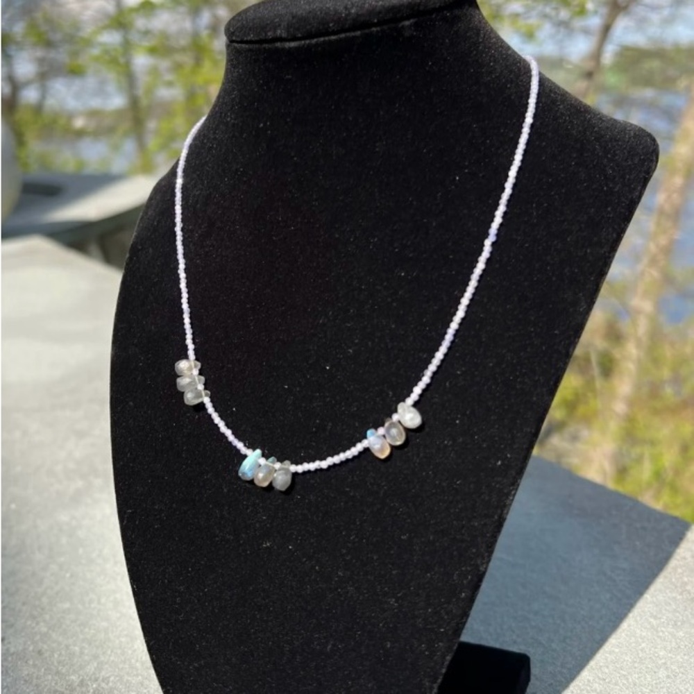 Handmade Crystal Necklace- Dainty Tanzanite & Labradorite Teardrop Triad